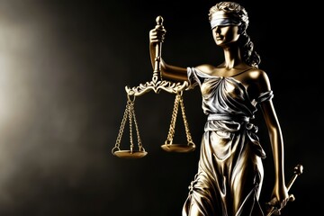 The bronze statue of Lady Justice with blindfold and scales symbolizes justice and law.