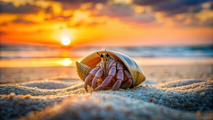 Obraz premium Hermit crab peeking out of its shell on a sandy beach during a beautiful sunset evening