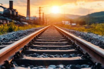 Fototapeta premium Train tracks lead through an industrial site, glowing under the golden sunset, representing industry, transportation, and the intertwined progress between human innovation and nature.
