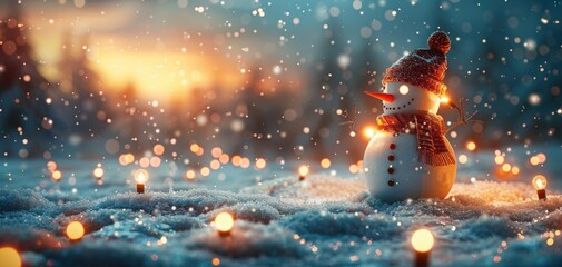 Cozy winter scene featuring a festive snowman adorned with a hat and scarf, surrounded by twinkling lights in a snowy landscape against a warm sunset.