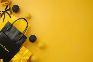 Minimalist Black Friday sale banner featuring a yellow shopping bag and black leaves on a vibrant yellow background.