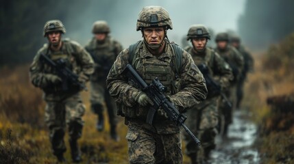Fototapeta premium A group of five soldiers in camouflage gear, carrying rifles, run through a wooded area. They are in formation, with the lead soldier looking directly at the camera. The forest is foggy and misty.