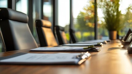A well-lit conference room with empty chairs and organized documents, ideal for meetings and collaboration.