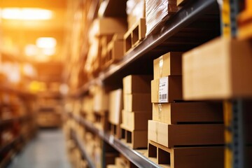 Obraz premium A well-organized storage facility showcasing shelves filled with neatly packed cardboard boxes in warm lighting.