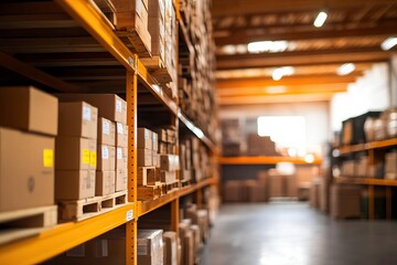 Fototapeta premium A well-organized warehouse filled with shelves of boxes, showcasing efficient inventory management and storage solutions.