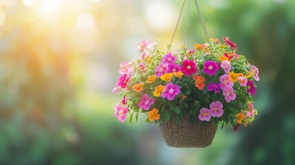 Blurred background of house yard and hanging bright flower basket in the foreground.