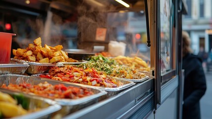 Obraz premium Close-up of a food truck window with various street food options displayed.