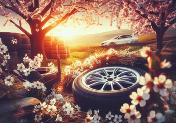 Fototapeta premium Close up von einem Stapel Autoreifen auf auf einer Wiese im Frühling , Sportwagen, Fahrzeuge, Reifen, copy space