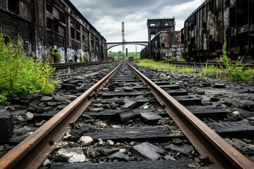An eerie abandoned railway stretches out, surrounded by dilapidated buildings and overgrown vegetation, evoking desolation, history, and the passage of time in a historic setting.