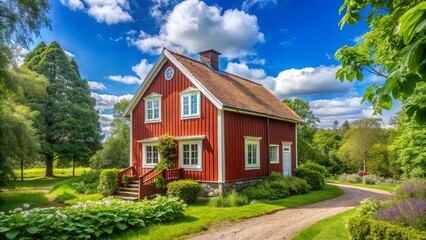 Traditional Swedish house with red wooden exterior and white trim, surrounded by lush greenery and a blue sky