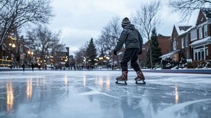 Teenage boy skating on an outdoor neighbourhood ice rink