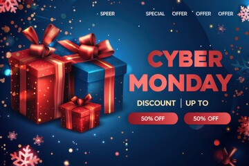 Cyber Monday sale banner featuring festive gift boxes, snowflakes, and confetti on a blue background, highlighting discounts.