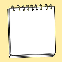 Black and white illustration of cute notebook, paper pages with spiral 