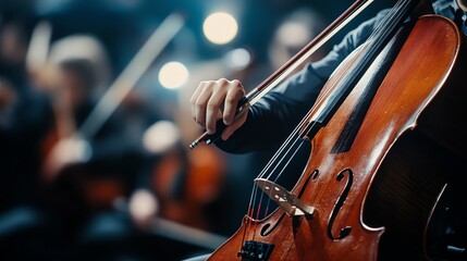 A young man plays the cello in an orchestra.