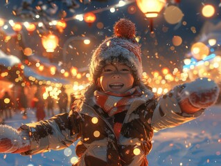 Joyful child enjoying festive winter night, surrounded by holiday lights and falling snow, showcasing the magic of celebration.