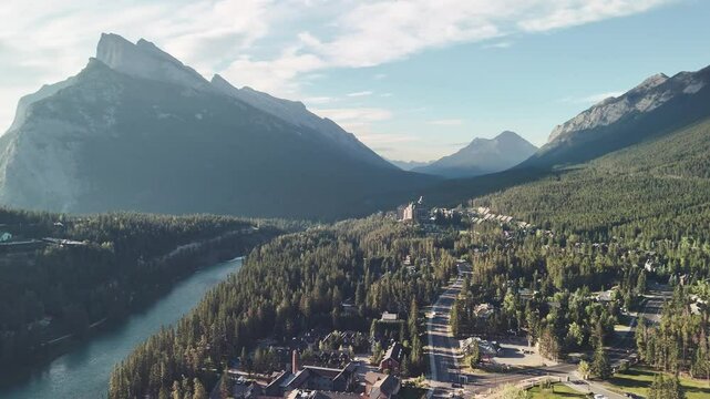 Aerial view of Banff Mountains at summer sunset
