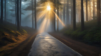 Fototapeta premium road in the forest with misty