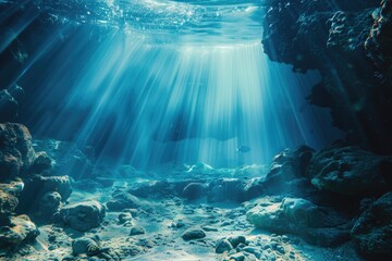 Water in a cave illuminated by sunlight, great for travel or adventure themes