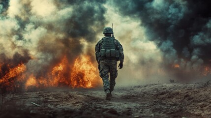 Naklejka premium A lone soldier walks through a battlefield, with smoke and flames in the background.