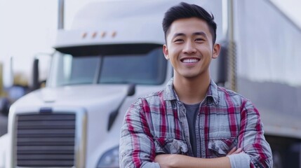 A confident and cheerful asian truck driver is smiling happily in front of his big rig truck