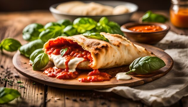 Homemade Italian Cheesy Panzerotti Calzone with Basil and Sauce
