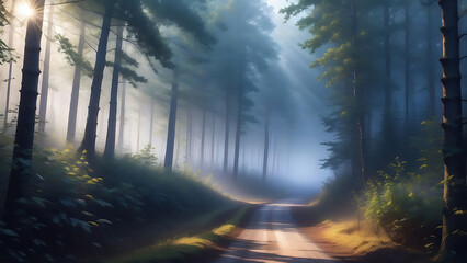 Obraz premium road in the forest with misty