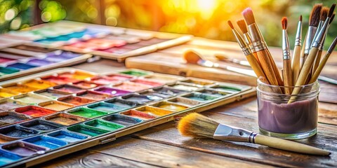 Fototapeta premium Close up of paint brushes and watercolor paints on a table in an artist's workshop