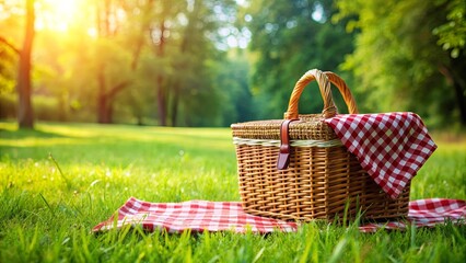 A checkered plaid picnic basket on green grass in the summer
