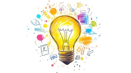 A light bulb surrounded by doodles of business icons, symbolizing ideas and innovation in marketing Glowing lights, bright colors, and a white background