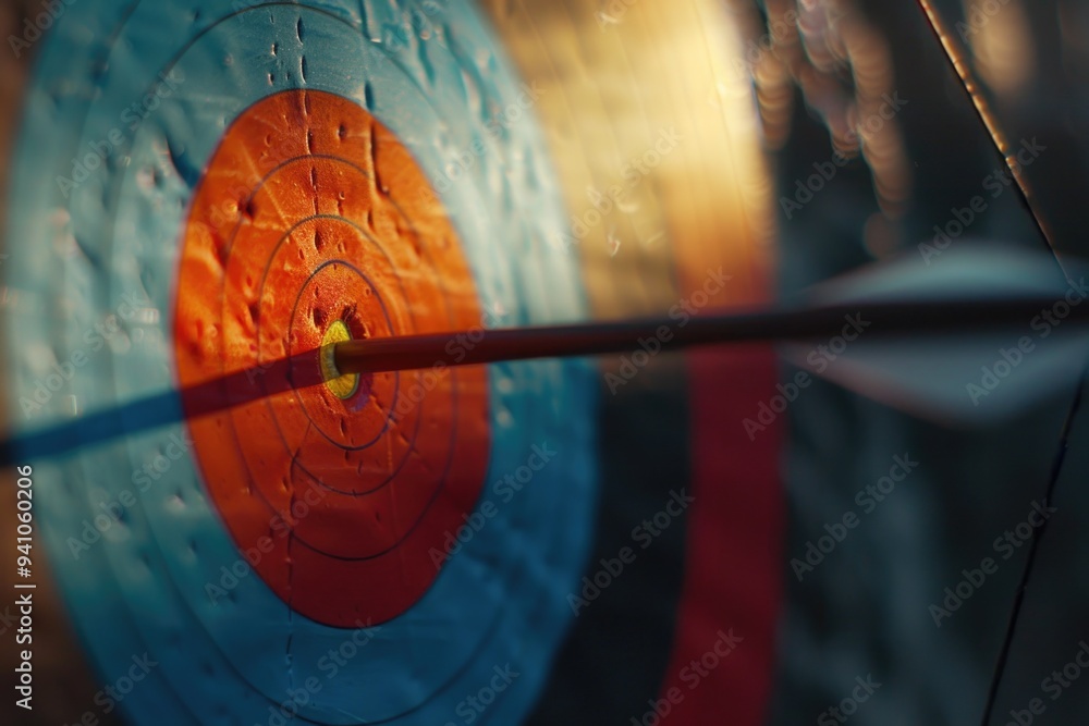 Poster close-up shot of a red and blue target with an arrow pointing towards the center