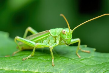 A vivid image of a bright green grasshopper rests on a vibrant leaf, capturing the essence of nature's beauty and the delicate balance within the insect world in exquisite detail.