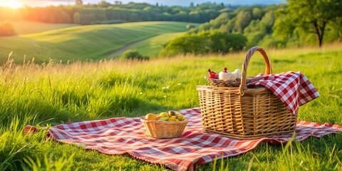 Picnic duvet with empty basket set up on a scenic meadow for al fresco dining