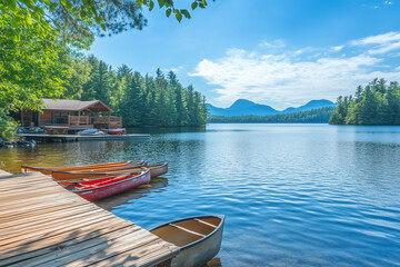 Obraz premium Unwind at a Tranquil Lakeside Resort with Blue Waters and Private Beaches