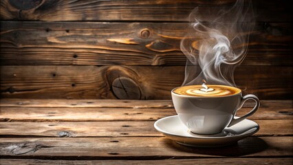 Fototapeta premium Steaming hot latte with foam on a rustic wooden table