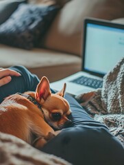 A person is massaging their back while laying on the sofa with an adorable chihuahua dog lying next to them, in front of them is an open laptop computer