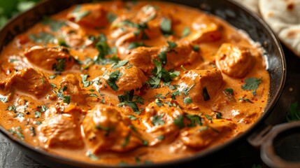 Close-up of Indian butter chicken being garnished with fresh cilantro and served with naan bread