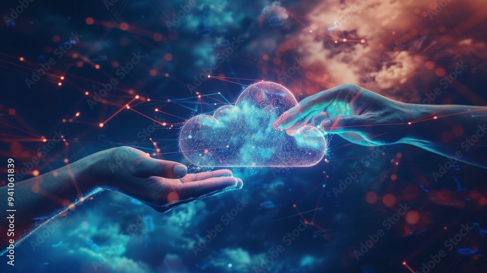 Poster two hands reaching for glowing cloud computing symbol against abstract digital network background