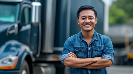 A confident and cheerful asian truck driver is smiling happily in front of his big rig truck
