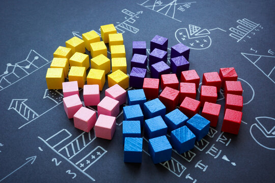 Marketing charts and cubes as segments. Market segmentation and analysis.