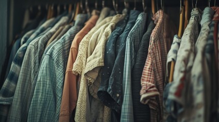 Obraz premium A row of shirts hanging on wooden hangers in a closet.