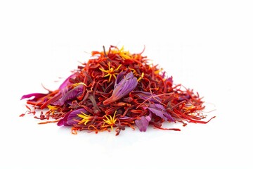 Naklejka premium Colorful pile of dried saffron and floral petals on a white background in natural light
