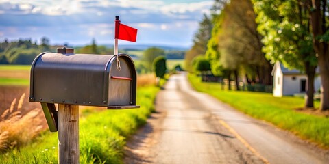 Traditional American mailbox on a village road with red flag up