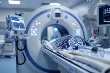An MRI machine located in a hospital room, ready for use in medical imaging procedures and patient examinations, The beauty of medical imaging technologies, AI generated