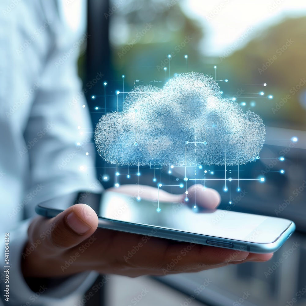 Poster cloud computing, person using mobile phone with hologram of digital cloud and network connection