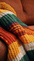 A colorful knit blanket is draped over a couch