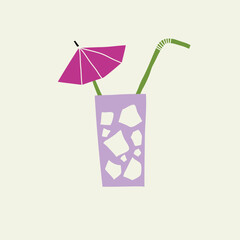 Hand drawn style illustration of a cocktail with an umbrella, a straw and ice.
