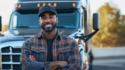 A Confident Black Truck Driver is Posing Proudly Next to His Big Rig on a Beautiful Scenic Route