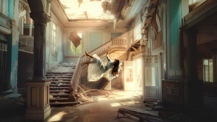 Young woman, as ghost, dressed white gown drifts weightlessly through decaying mansion, caught in eerie light. Concept of mystery Halloween nightmare, horror, astral, paranormal. Ad.