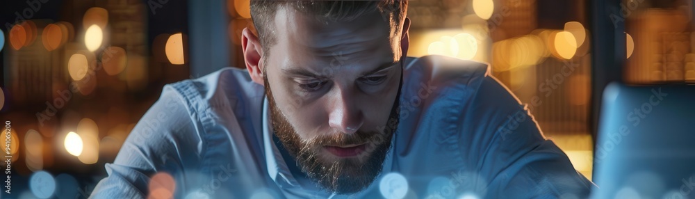 Poster focused man working late at night in office with bokeh lights in background, concentrating on comput