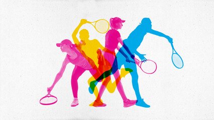 Overlapping colorful silhouettes of men and women, tennis players in dynamic motion during game. Contemporary art collage. Concept of sport, active and healthy lifestyle, competition